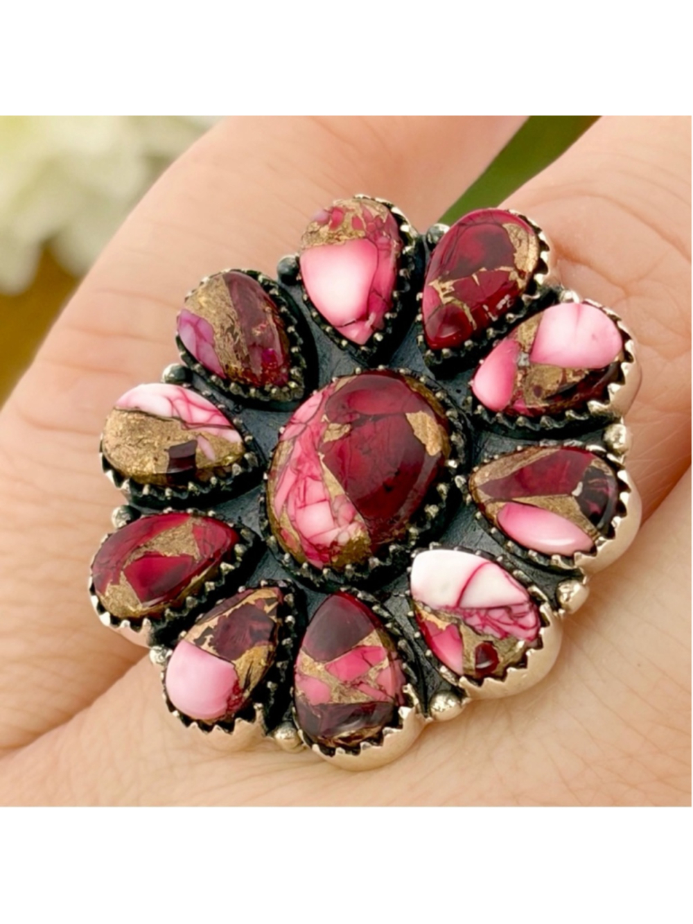 Sterling Silver 925 Red Dahlia Turquoise Cluster Ring Size 7 Navajo Style